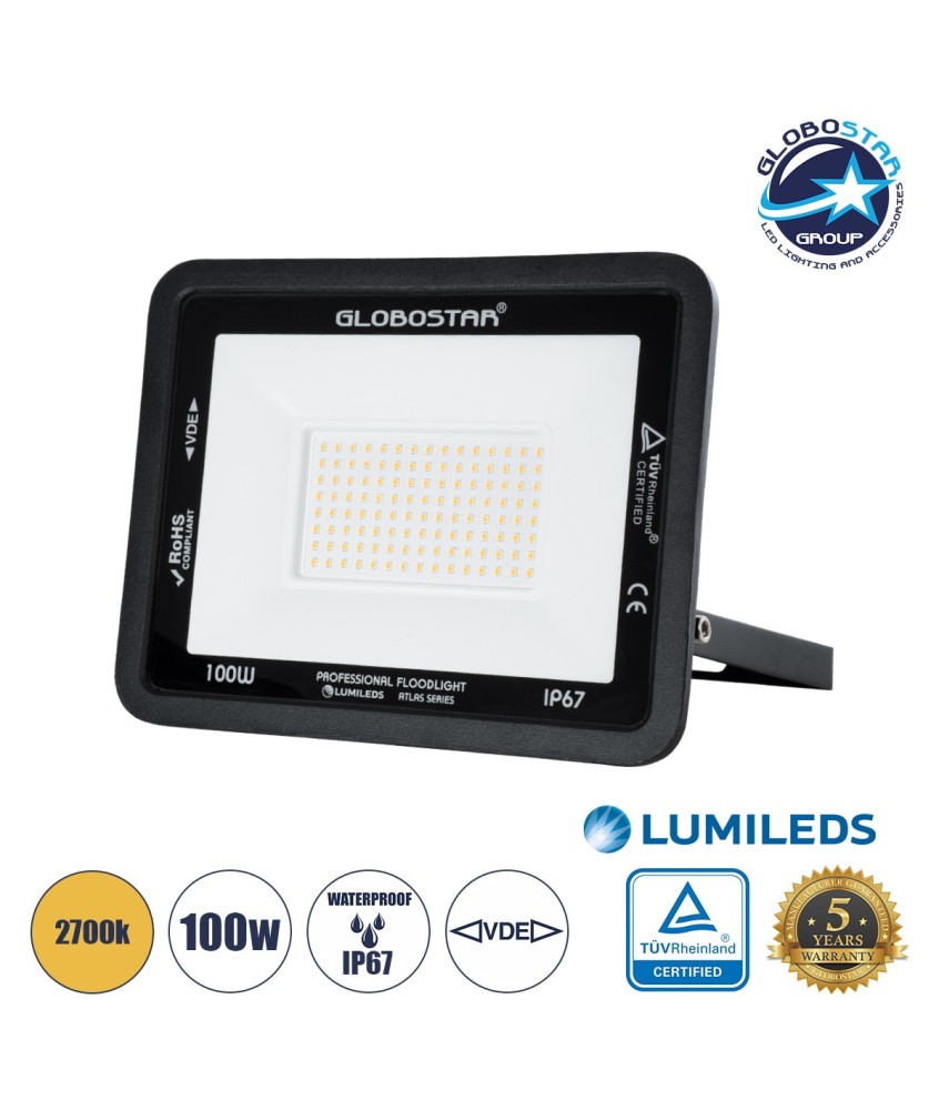 GLOBOSTAR® ATLAS 61427 Προβολέας LED 100W 11500lm 120° AC 220-240V Αδιάβροχο IP67 Θερμό Λευκό 2700K - Lumileds SMD Chip - TÜV Rheinland Certified - Μαύρο Ματ - Μ27 x Π4 x Υ21cm - 5 Χρόνια Εγγύηση